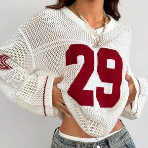 Verdusa Women’s Y2K Oversized Crochet Jersey Graphic V-Neck Pullover Top Small